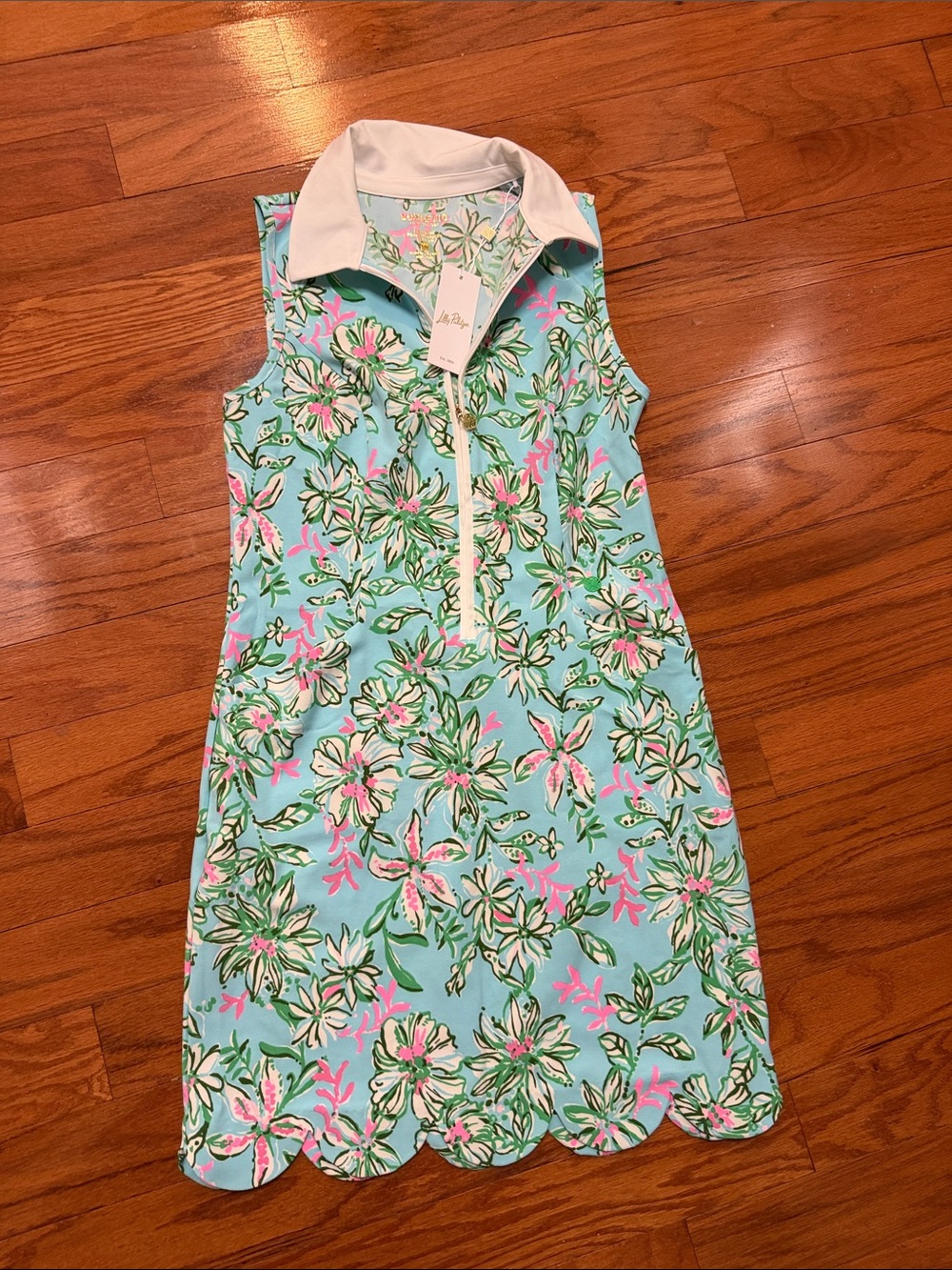 Luxletic Sleeveless Floral Zip Polo Dress in Aqua with Pink & Green